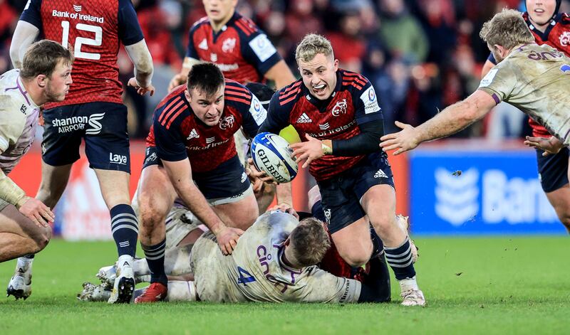 Craig Casey makes a break for Munster during the Champions Cup victory over Northhampton Saints at Thomond Park. Photograph: Dan Sheridan/Inpho