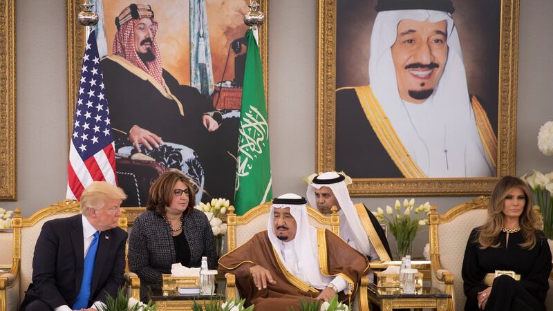 Melania Trump sits to the left of Saudi Arabian King Salman as he talks to her husband, US president Donald Trump, at the King Khalid Airport in Riyadh on May 20th. Photograph: Stephen Crowley/New York Times