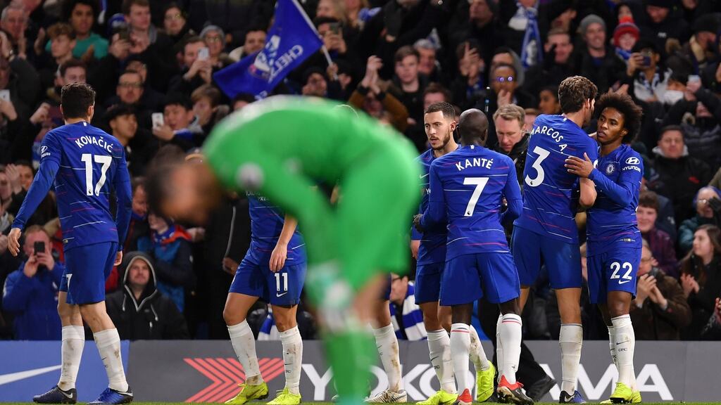 Willian and his Chelsea team mates celebrate his winning goal against Newcastle at Stamford Bridge. Photograph: Justin Setterfield/Getty Images