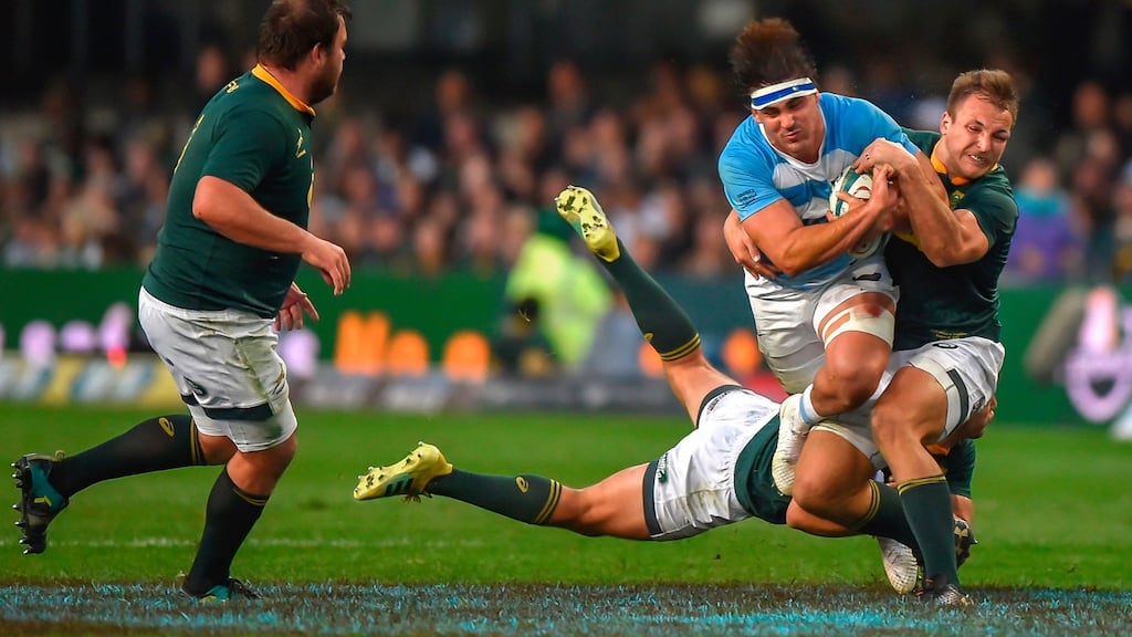 Argentina flanker Pablo Matera is tackled by South Africa’s Andre Esterhuizen and Willie le Roux during the Rugby Championship game at Kings Park Stadium in Durban. Photograph: Christiaan Kotze/AFP