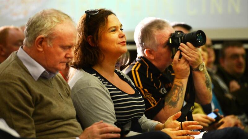 Northern Ireland Deputy First Minister Martin McGuinness and Sinn Féin deputy leader Mary Lou Mc Donald listening to Gerry Adams address party members during a conference at the Red Cow Hotel in Dublin today. Photograph: Cyril Byrne/The Irish Times.