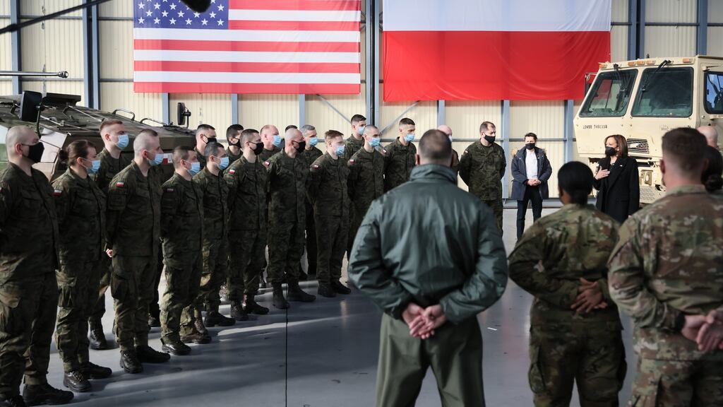US vice-president Kamala Harris (back right) during her meeting with Polish and US soldiers at the 1st Airlift Base in Warsaw on Friday. Photograph: Leszek Szymanski/EPA
