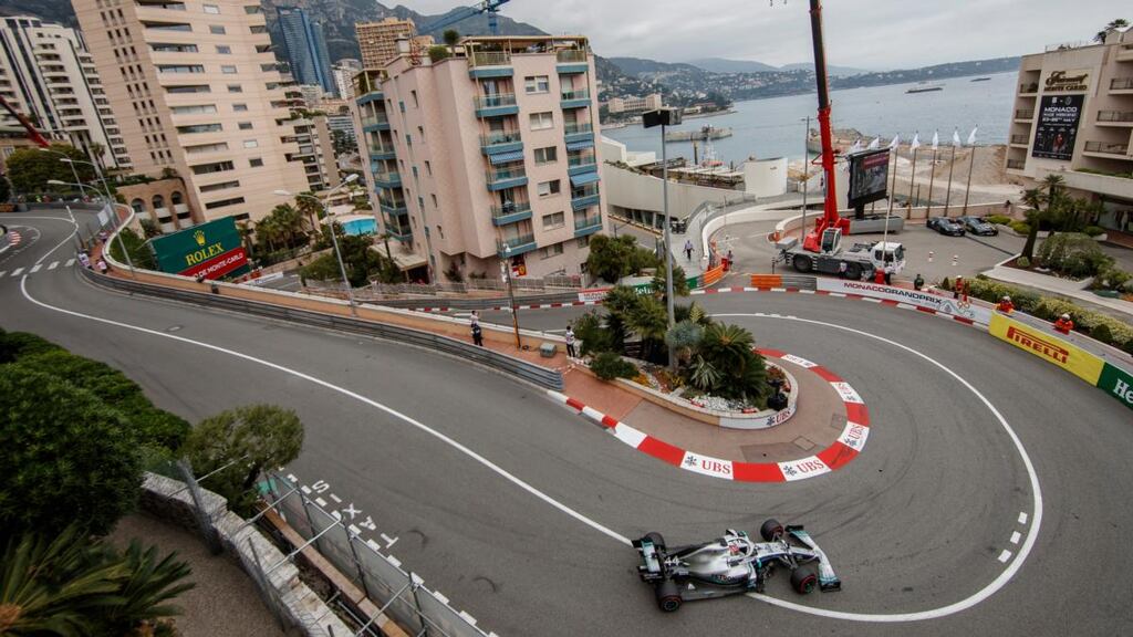 Lewis Hamilton in action during the first practice session of the Monaco Grand Prix. Photograph: Valdrin Xhemaj/EPA
