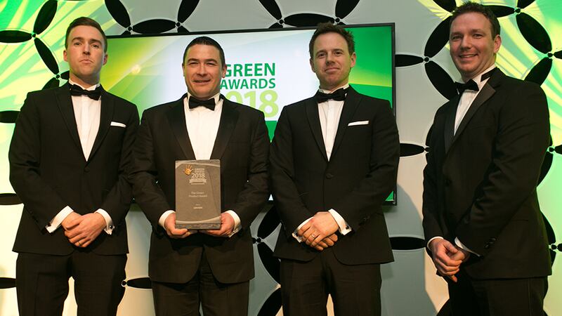 Padraig Ryan, Grant Thornton Ireland, presents The Green Product Award to Stephen O’Reilly, Neil McCabe & Damien Bligh, GROWN.