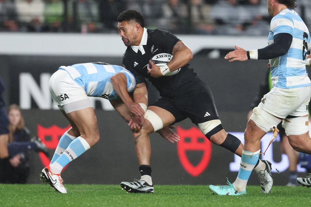 New Zealand's Ardie Savea is tackled during the Rugby Championship match between the All Blacks and Argentina. Photograph: Michael Bradley/AFP via Getty