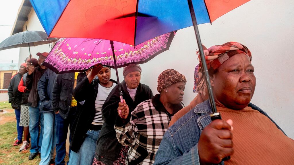 People queue to vote in South Africa’s national and provincial elections at a polling station in the Tlhabologang township in Coligny on Wednesday. Photograph: Luca Sola/AFP/Getty Images