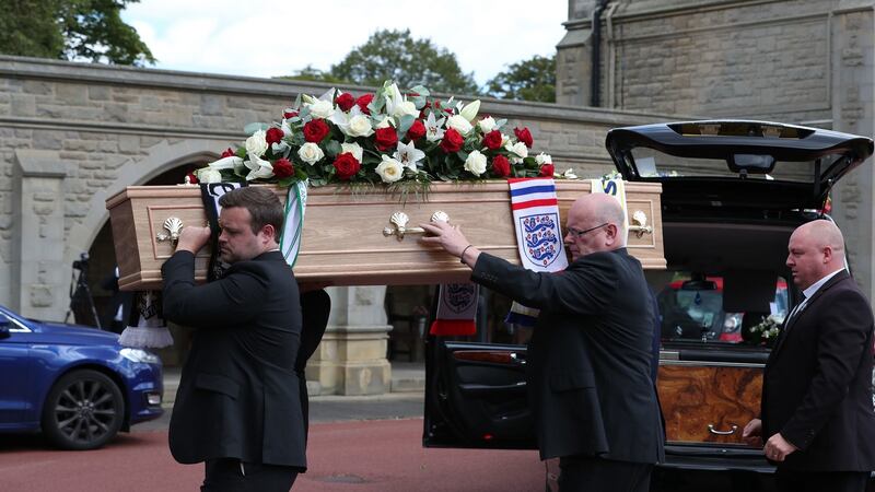 Jack Charlton’s coffin is taken into West Road Crematorium, in Newcastle for his funeral. Photo: Peter Byrne/PA Wire