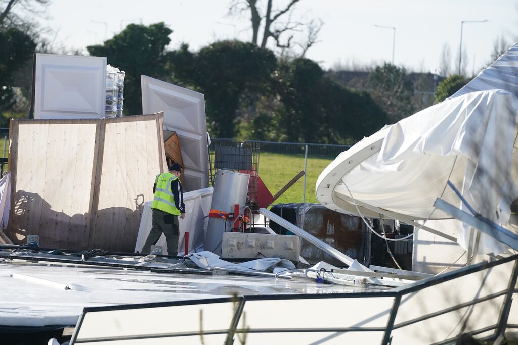 Workers at an ice skating facility in Blanchardstown which was damaged after strong winds tore the structure apart. Storm Eowyn left one person dead, more than a million people without power and caused significant travel disruption across the UK and Ireland. Picture date: Saturday January 25, 2025. PA Photo. See PA story WEATHER Winter Ireland. Photo credit should read: Brian Lawless/PA Wire