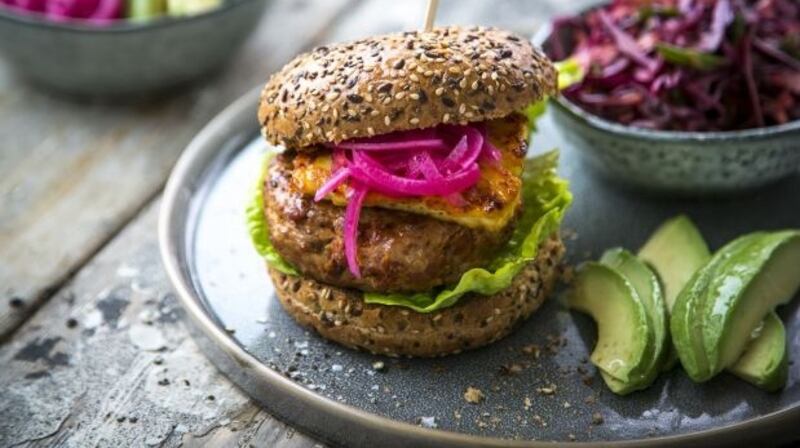 Donal Skehan’s chicken and chorizo burger with quick pickled onions and slaw