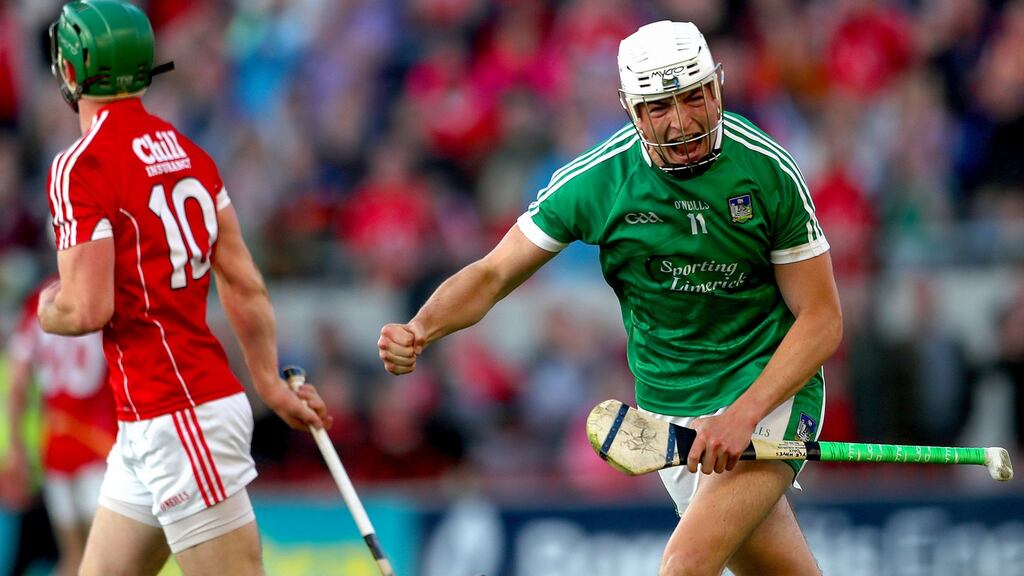 Limerick’s Kyle Hayes celebrates scoring a late point to equalise the game against Cork at Páirc Uí Chaoimh. Photograph: James Crombie/Inpho
