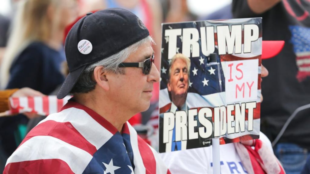 A Donald Trump supporter during a “Make  America Great Again” march in Huntington Beach, California, on March 25th. Photograph: Eugene Garcia/EPA