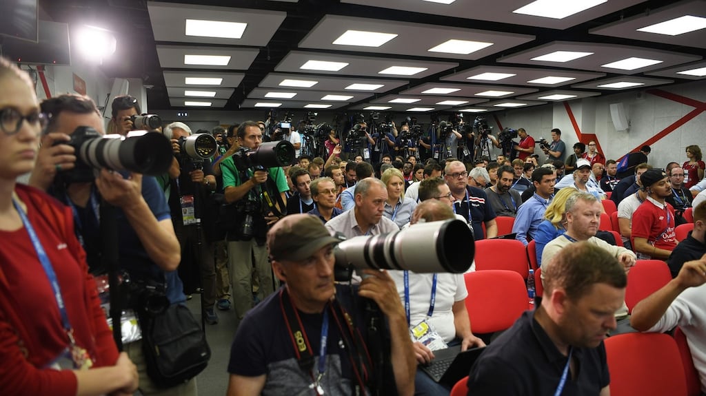 A news conference at Spartak Stadium in Moscow. World Cup press conferences are a daily piece of amateur theatre where the questions are often repetitive, the players are generally bored, and the managers find 50 ways to say nothing. Photograph: James Hill/The New York Times