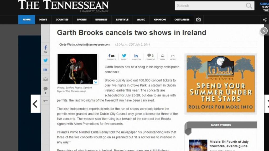 ‘Garth Brooks cancels two shows in Ireland’ is the headline in the Tennessean reporting that he has ‘hit a snag in his highly anticipated comeback’ due to an issue with permits.