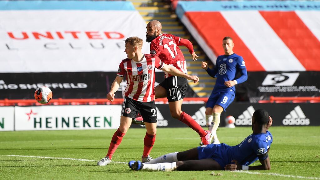 David McGoldrick scores his second and Sheffield United’s third goal during the Premier League match against Chelsea at Bramall Lane. Photograph: Shaun Botterill/EPA