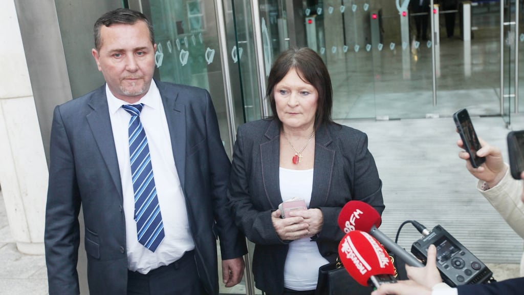 Christopher Fitzpatrick, father of Dean Fitzpatrick and Christine Kenny, Dean’s aunt, pictured at the Courts of Criminal Justice this afternoon for the sentencing of Dave Mahon. Photograph: Collins Courts