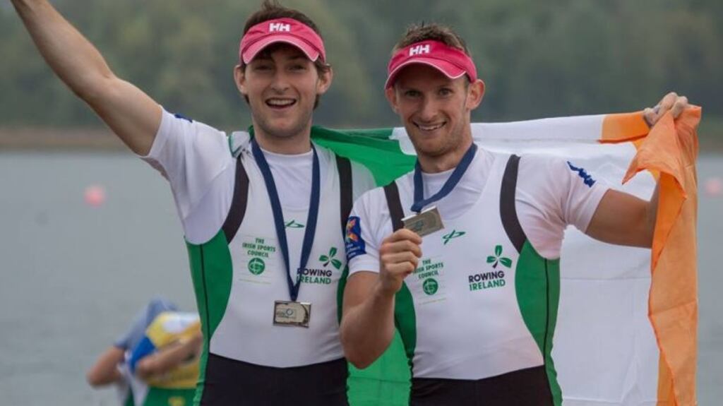 Paul and Gary O’Donovan with their silver medals at the World Cup Regatta in Varese, Italy.