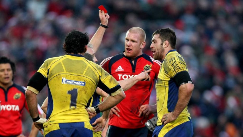 Clermont Auvergne’s Jamie Cudmore is sent off following an incident with Munster’s Paul O’Connell in 2008. The two will renew acquittances on Saturday. Photograph:  James Crombie /Inpho