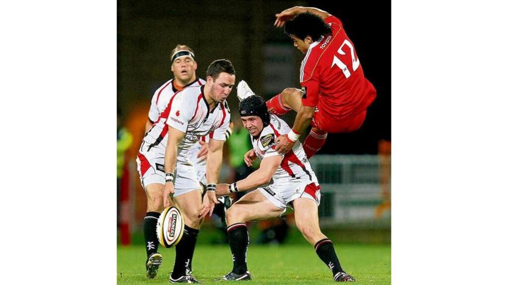 Munster's Lifeimi Mafi takes to the air against Paddy Wallace and Isaac Boss of Ulster during October's Magners League clash.