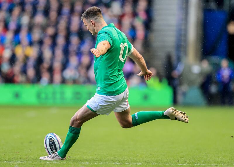 Ireland’s Johnny Sexton kicks the points to become the joint all-time points scorer in the Six Nations. Photograph: Dan Sheridan/Inpho