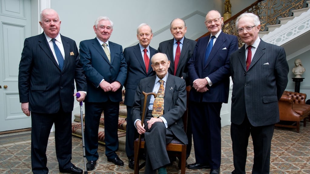 Irish and British former civil servants and diplomats Michael Lillis, Seán Donlon, Noel Dorr, Tony Brennan (seated), Robert Armstrong, Robert Andrews and David Goodall at an Anglo-Irish Agreement 25th anniversary reception at the Irish Embassy in London in 2010.