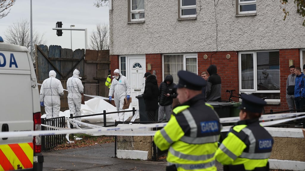 Gardaí preserve the scene at Shancastle Park in the Clondalkin area following a shooting on Friday night. Photograph: Stephen Collins/Collins