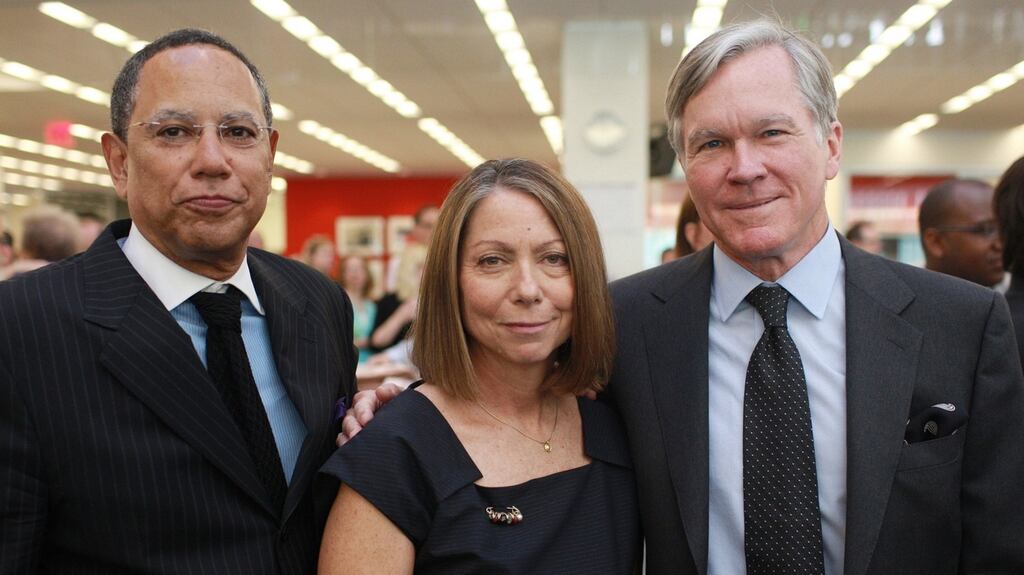 Jill Abramson, pictured in 2011 when she was announced as executive editor of the New York Times, flanked by then managing editor Dean Baquet and outgoing editor Bill Keller. Photograph: The New York Times