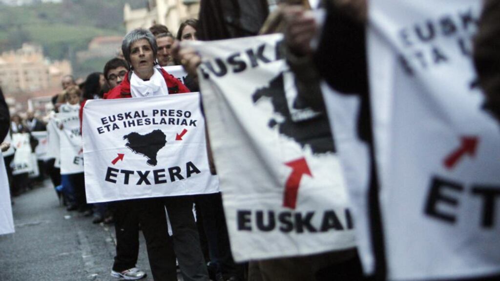 Relatives of imprisoned members of ETA take part in a march in Bilbao last year demanding the transfer of prisoners to the Basque country. The placard reads: “Basque prisoners in the Basque country.” Photograph: Getty Images