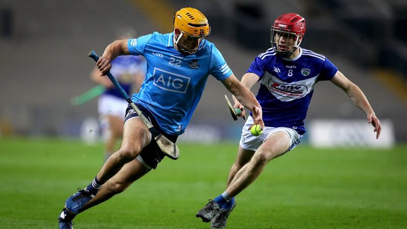 Dublin’s Eamonn Dillon takes on Laois’s Fiachra Fennell at Croke Park. Photograph: Ryan Byrne/Inpho