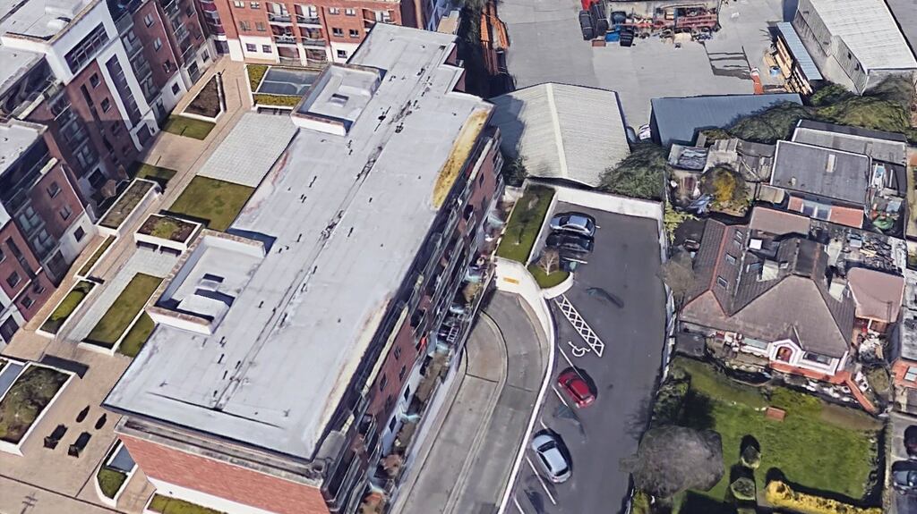 Roof damage at the Hyde Square apartments in Kilmainham, Dublin.