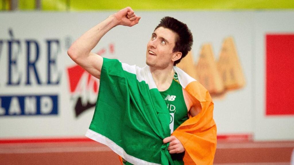 Mark English celebrates winning a silver medal in the men’s European Indoor 800m final, in which he ran a tactically perfect race. Photograph: Morgan Treacy/Inpho
