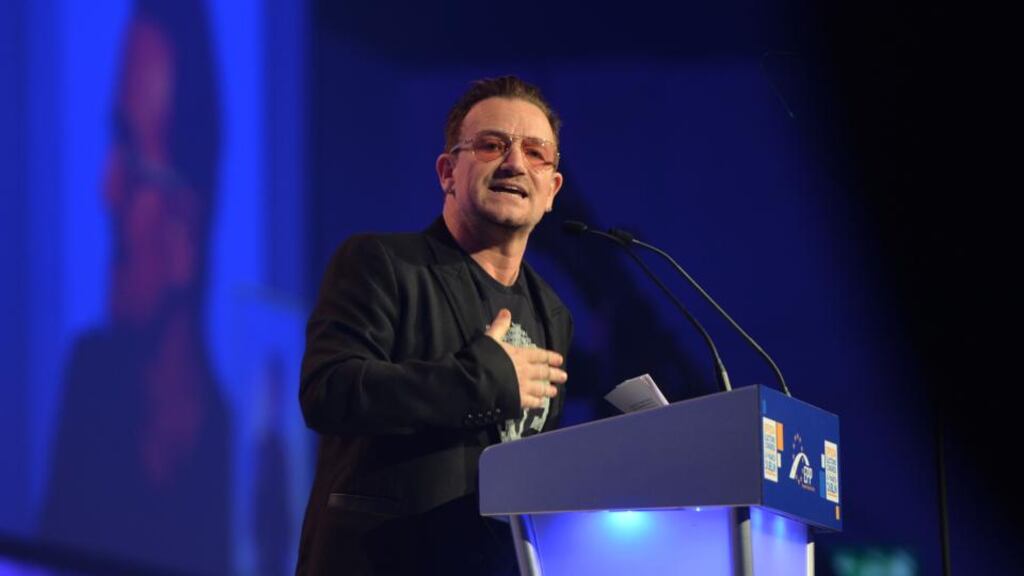 ‘Bono really did seem to believe he had brought some less-comfortable truths to the gathering, and his words support that belief.’ Above, Bono delivers his speech during the European People’s Party congress in Dublin. Photograph: Photograph: Alan Betson
