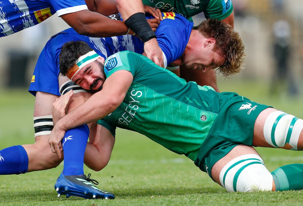 Paul Boyle of Connacht tackles Evan Roos of the DHL Stormers during the BKT United Rugby Championship match at Stellenbosch Stadium. Photograph: Steve Haag/Inpho