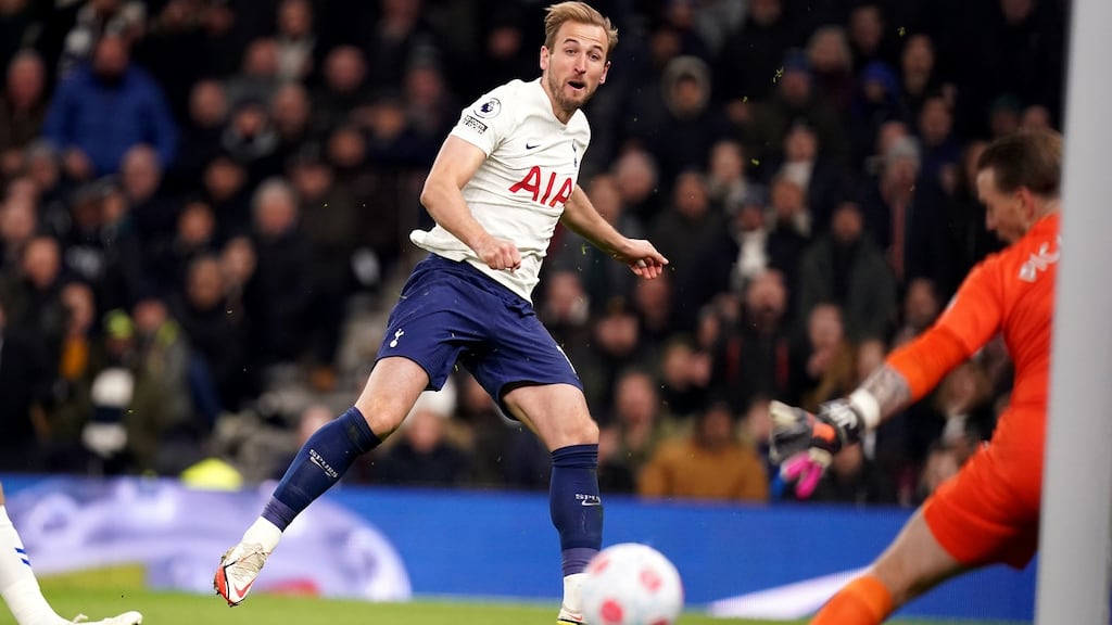 Tottenham Hotspur’s Harry Kane scores his side’s fifth goal during the Premier League match against Everton  at the Tottenham Hotspur Stadium. Photograph:  Adam Davy/PA Wire