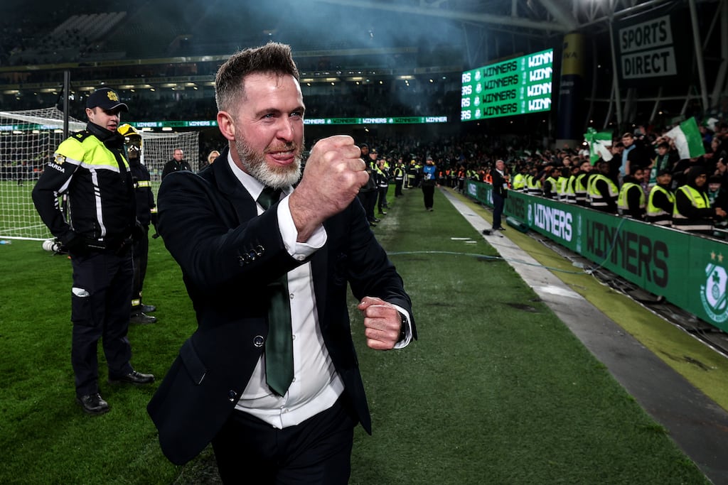 Shamrock Rovers head coach Stephen Bradley celebrates after the game. Photograph: Ben Brady/Inpho
