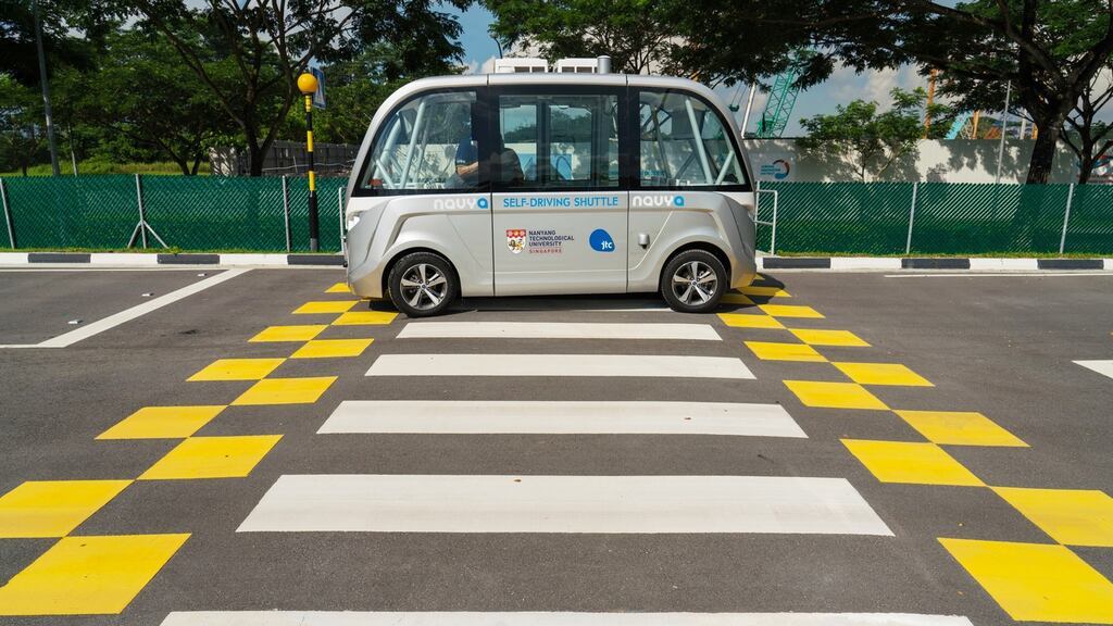 A Navya SAS autonomous electric passenger bus at the test circuit in Singapore. The centre has intersections, traffic lights, bus stops and pedestrian crossings. Photograph: Nicky Loh/Bloomberg