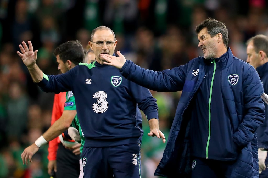 Martin O'Neill and Roy Keane, Republic of Ireland manager and assistant manager respectively, during a World Cup qualifier against Georgia in the Aviva Stadium in 2016. Photograph: James Crombie/Inpho