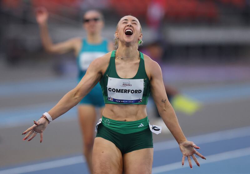 Orla Comerford celebrates winning the gold medal in the T13 200m final. Photograph: Dean Mouhtaropoulos/Getty Images