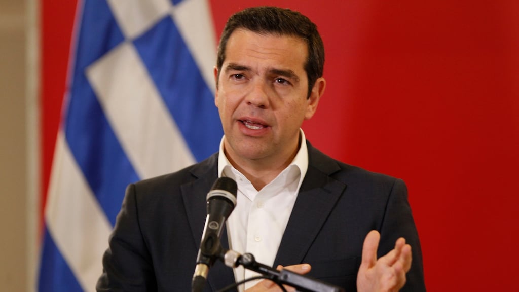 Greek prime minister Alexis Tsipras speaks during a joint news conference in Skopje, North Macedonia.