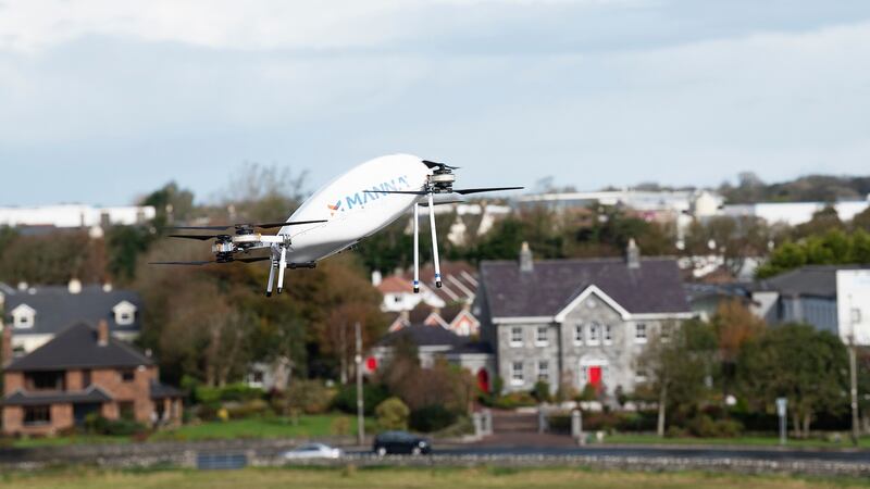 A Manna Aero drone being tested in Oranmore, Co Galway, in October 2020: Manna is set to launch a new drone that can cope with stronger winds. The new aircraft will fly in winds of up to 50km per hour. Photograph: Andrew Downes/Xposure