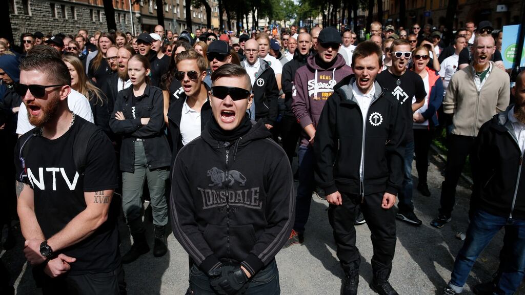 Supporters of the neo-Nazi Nordic Resistance Movement  demonstrate in Kungsholmstorg square in Stockholm, Sweden. Photograph: Fredrik Persson Sweden Out/EPA