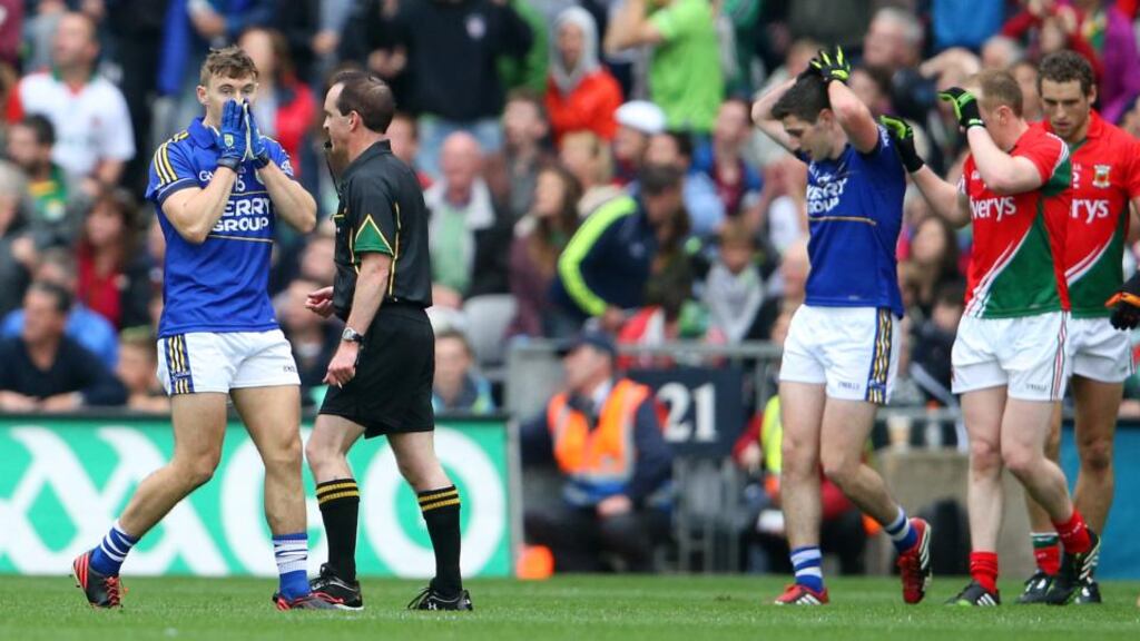 Kerry’s James O’Donoghue reacts after missing a point in the drawn semi-final against Mayo. Photograph: Cathal Noonan/Inpho.