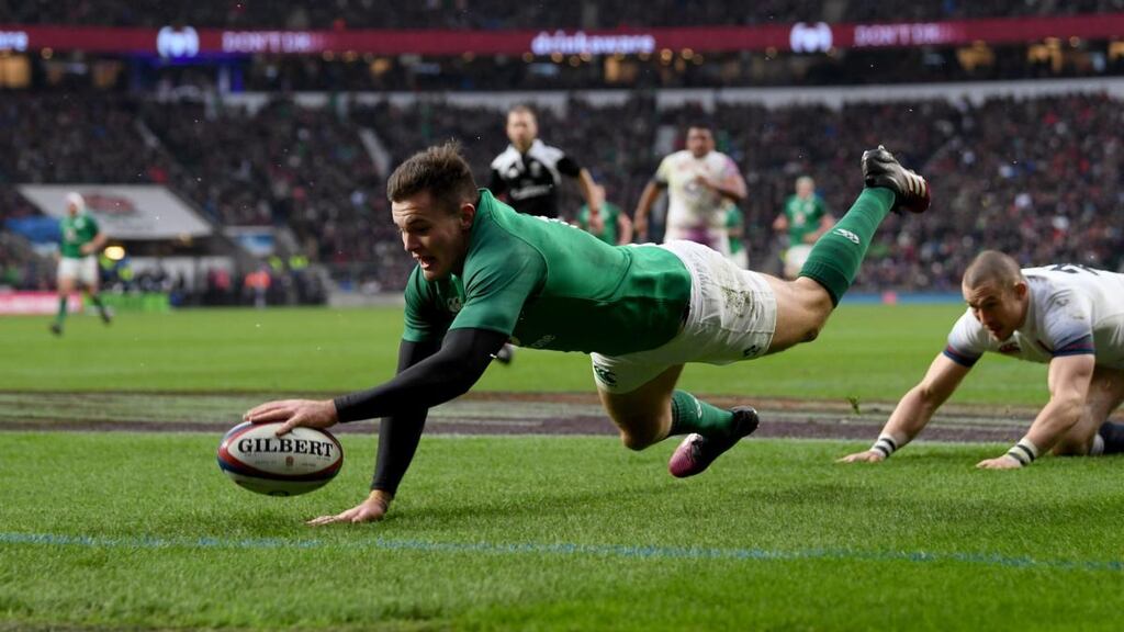 Jacob Stockdale leads the way for Ireland with 10 tries, including this one against England in this year’s Six Nations. Photograph: Shaun Botterill/Getty Images)