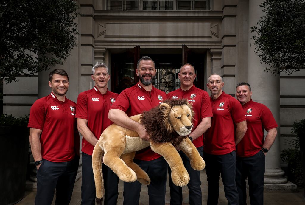 Lions head coach Andy Farrell with assistants (from left) John Dalziel (Scotland), Simon Easterby (Ireland), John Fogarty (Ireland), Andrew Goodman (Ireland) and Richard Wigglesworth (England). Johnny Sexton was subsequently added as an assistant coach. Photograph: Billy Stickland/Inpho