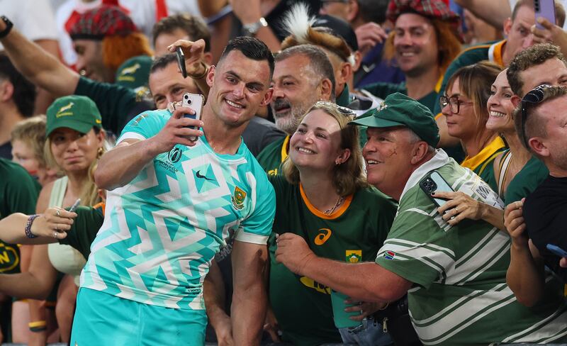 South Africa’s Jesse Kriel takes selfies with fans after the win over Scotland. Photograph: James Crombie/Inpho