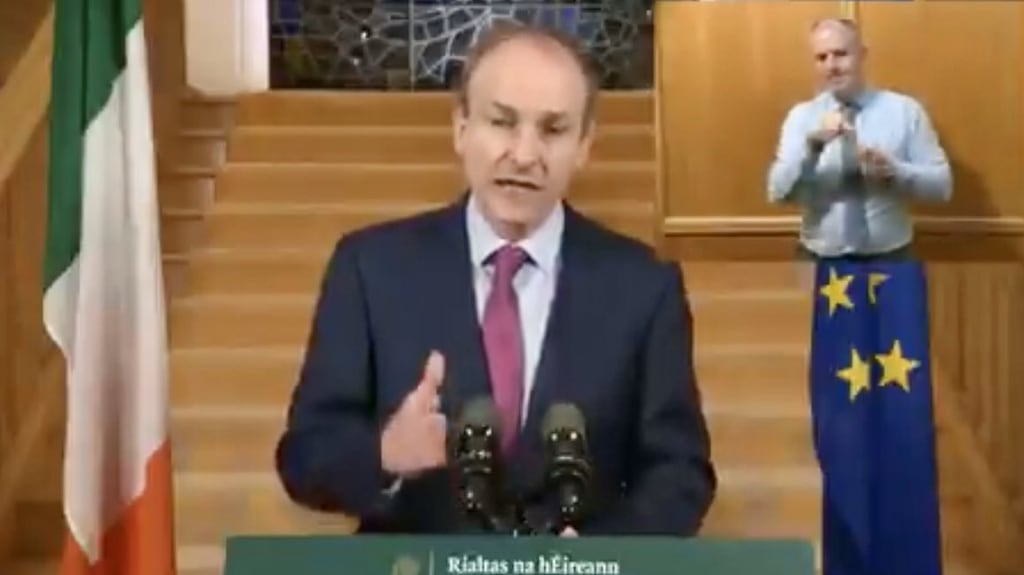 Taoiseach Micheál Martin addresses the nation at Government Buildings on Tuesday evening. Screengrab: RTÉ