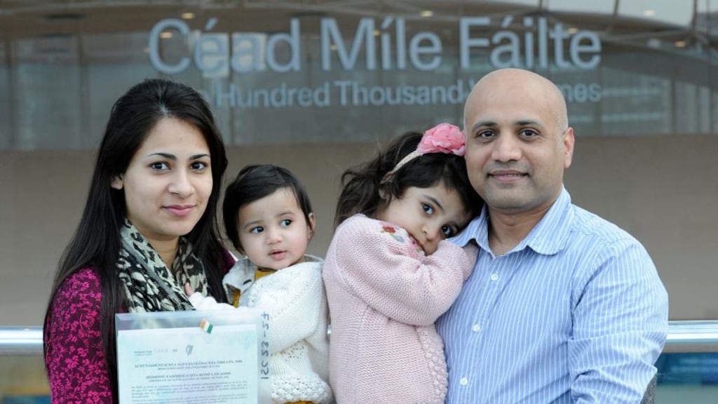 Mubashra Kabir, originally from Pakistan and who was receiving Irish citizenship, with her husband Kabir Ahmed and their daughters Ghaniya and Areesha at the Citizenship Ceremonies in the National Convention Centre on Friday morning. More than 2,700 people were made Irish citizens. Photograph: Dave Meehan/The Irish Times