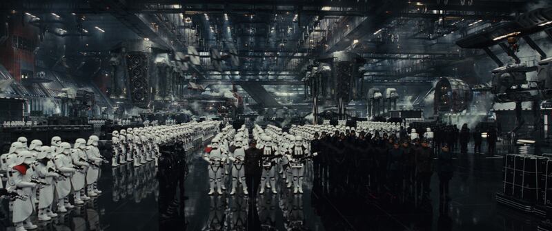 Star Wars: The Last Jedi: stormtroopers in a First Order hangar