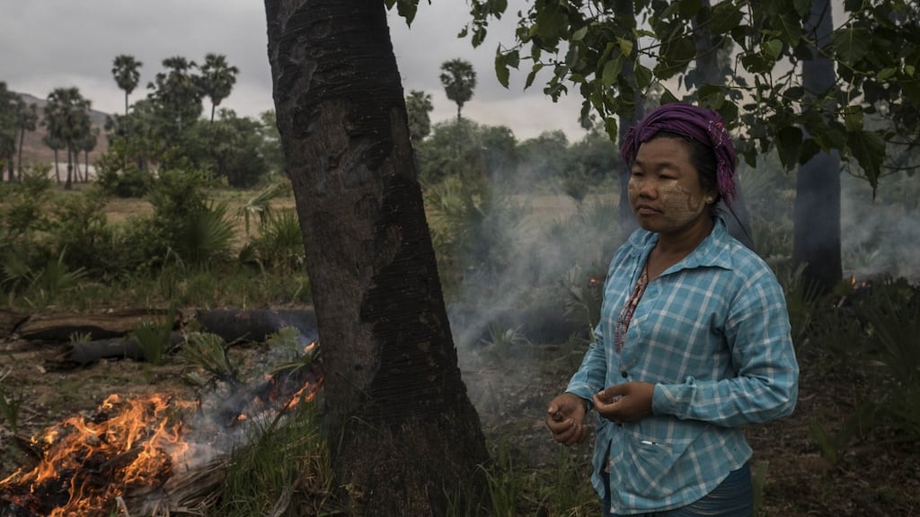 Thwe Thwe Win working on her land near the copper mine in Myanmar. 25 May 2016. Photo: Lauren DeCicca / Front Line Defenders