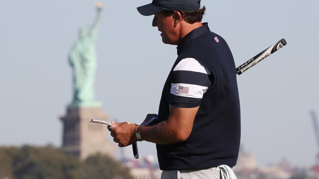 US team golfer Phil Mickelson on the tenth hole during Foursomes play at the 2017 Presidents Cup in Jersey City. Photograph: PA