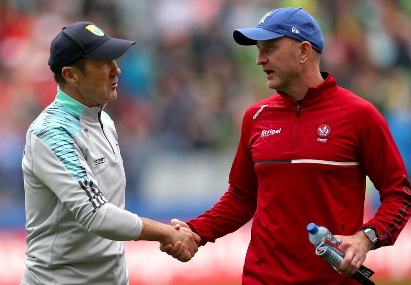 GAA Football All-Ireland Senior Championship Semi-Final,  Croke Park, Dublin 16/7/2023 
Kerry vs Derry
Kerry’s manager Jack O'Conor and Derry manager Ciaran Meenagh after the game
Mandatory Credit ©INPHO/James Crombie